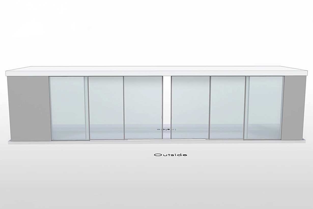 NanaWall CERO non-pocketing configuration: 6-panel sliding glass wall with four center panels sliding open and fixed panels on both sides (OXXXXO)
