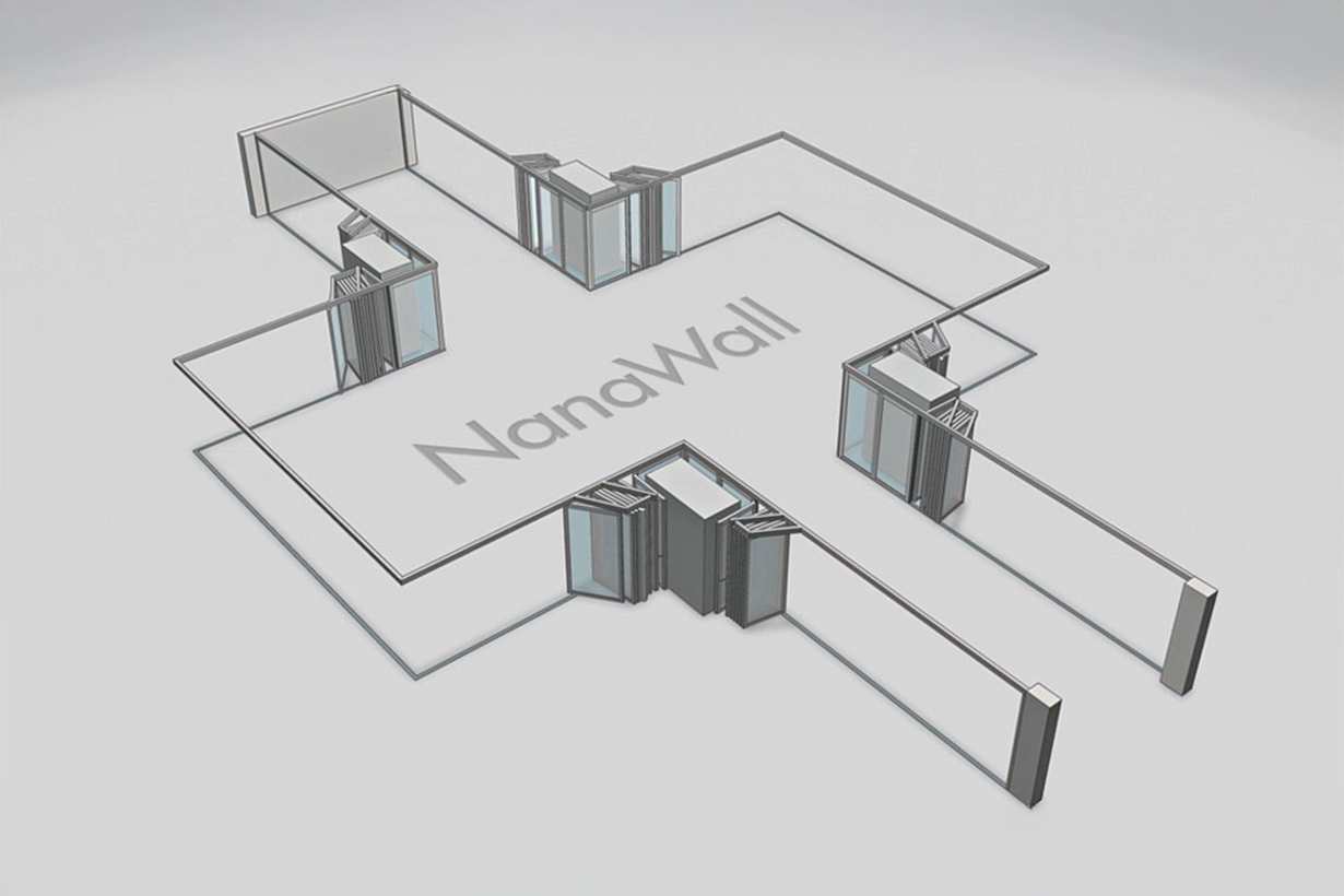 NanaWall open-corner configuration with parking bays: panels meet at 90° corners and stack into side bays