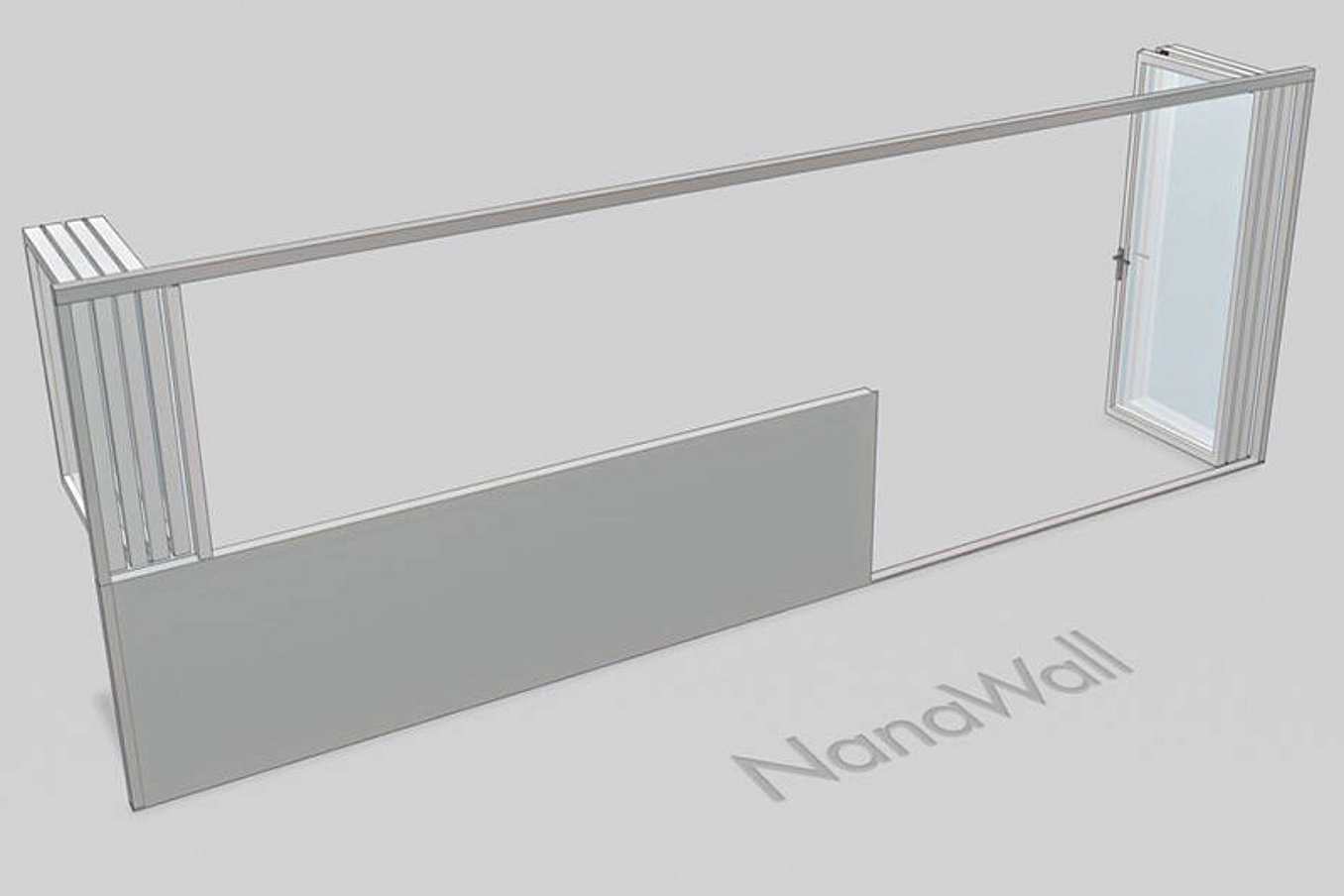 NanaWall seven-panel folding glass wall, outward opening, 4-panels window folding left and 3 panels doors folding right (o4L 3R)