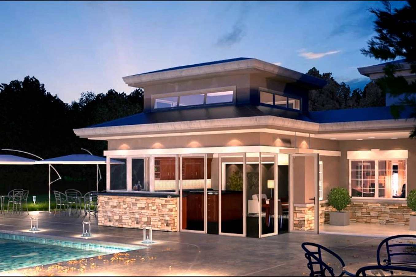 NanaWall window-door combination configuration: operable windows and sliding glass doors integrated in a pool house, enabling seamless indoor-outdoor flow and independent ventilation