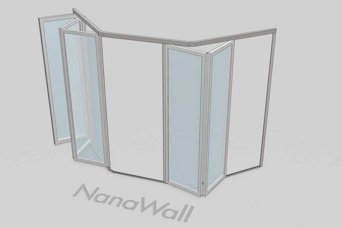 NanaWall segmented configuration: angled operable glass wall panels, shown partially open for flexible space division