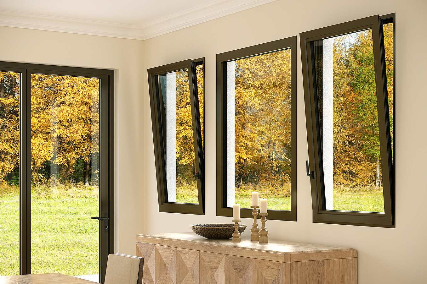 Three open windows, utilizing the tilt function to provide refreshing airflow and ventilation, and a glass door in a room reveal a view of autumn's grassy expanse and golden-leaved trees. 
