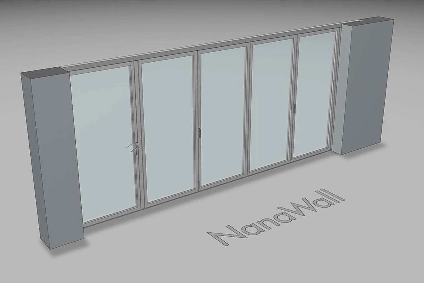 NanaWall pocketing configuration: 6-panel folding glass door, outward opening; 1 panel folds left, 4-panel set folds left/right, and 1 panel folds right (o1L, 4LR, 1R)