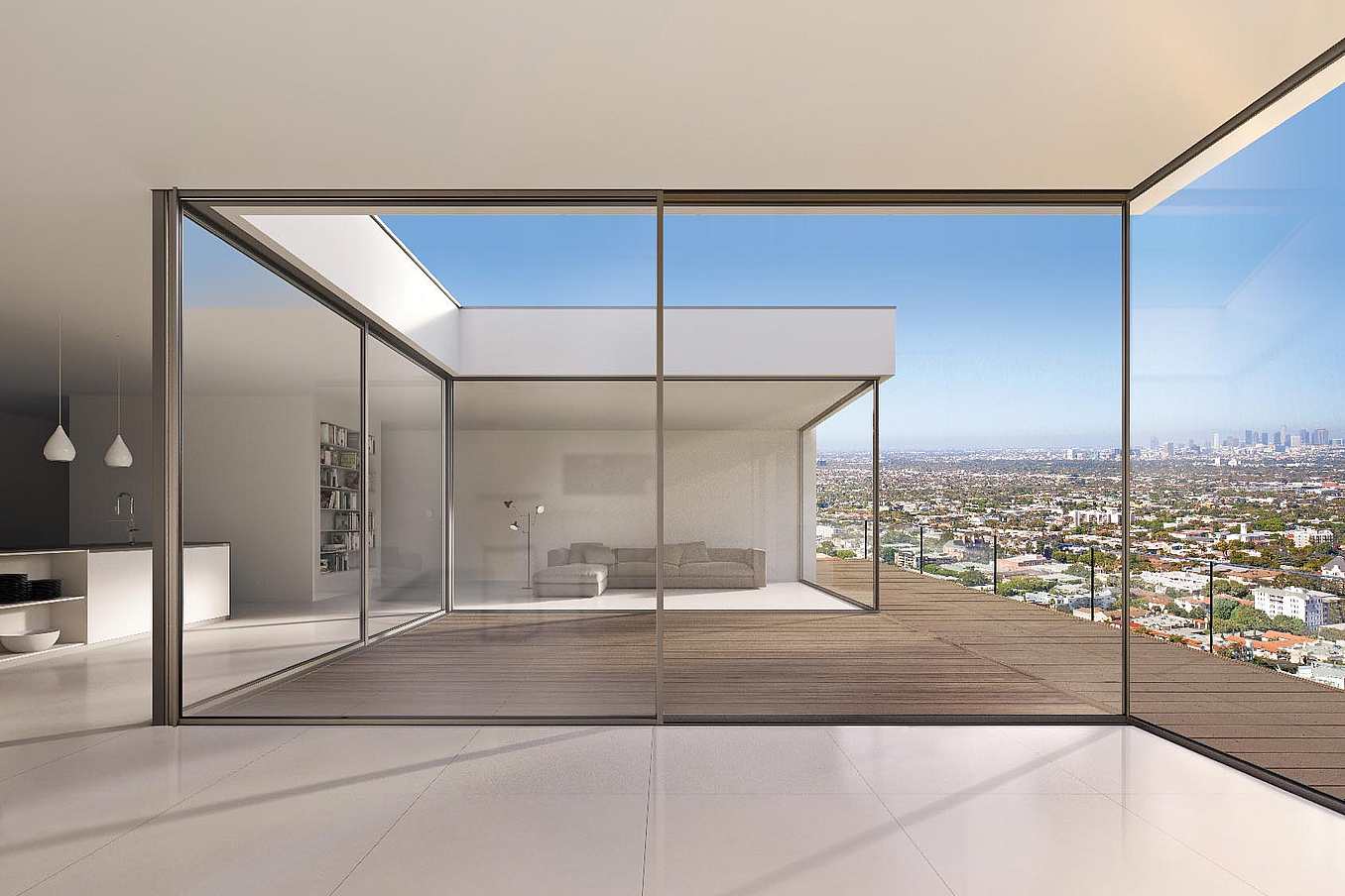 Modern minimalist interior featuring large panel minimal sliding glass walls, complemented by expansive glass windows offering a cityscape view. Connect with NanaWall