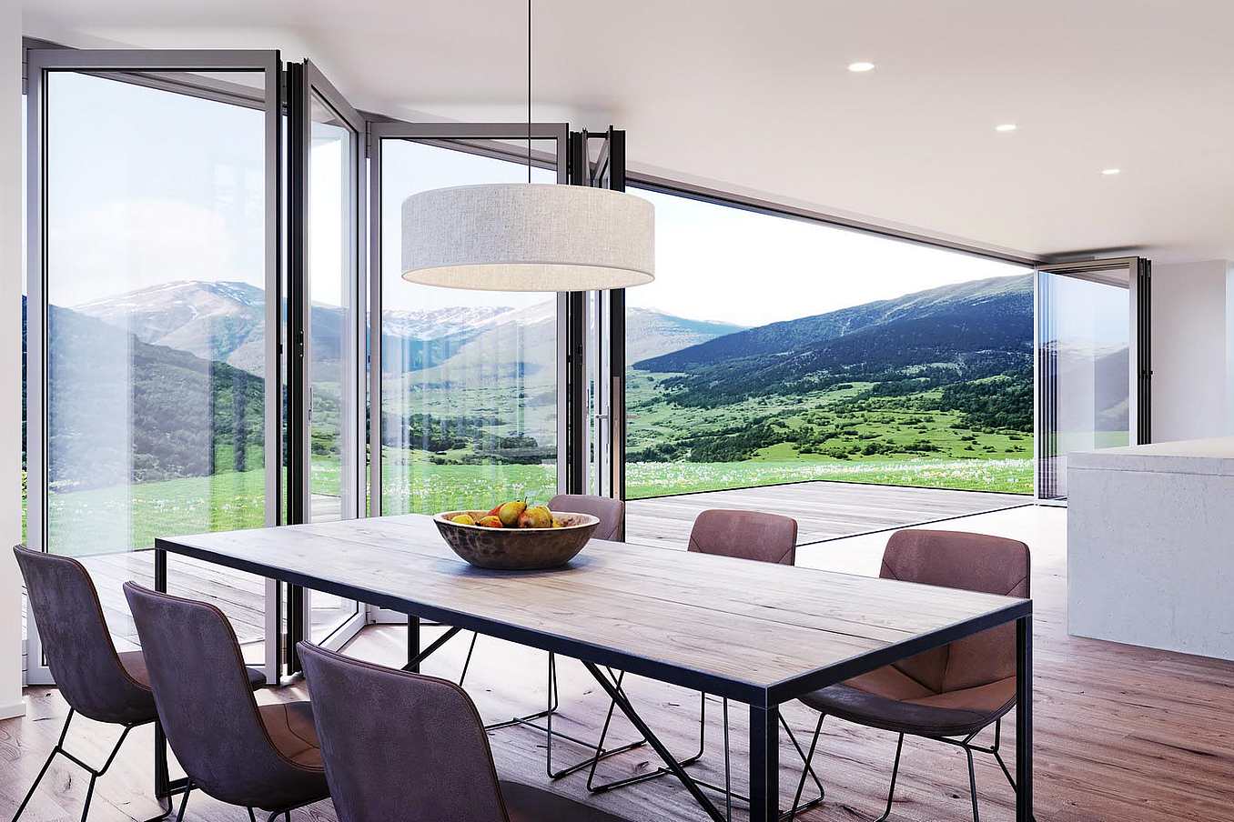 Folding glass patio doors in modern residential enhance seamless indoor‑outdoor flow.