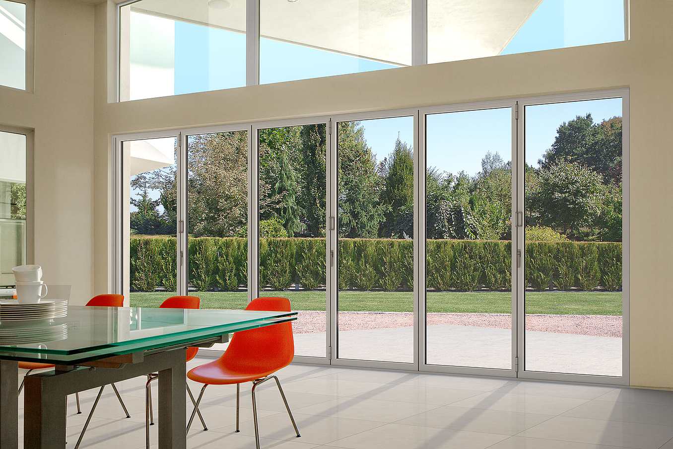 Closed NanaWall glass wall system in Palo Alto contemporary home, highlighting sleek modern aesthetics, energy efficiency, and weather protection