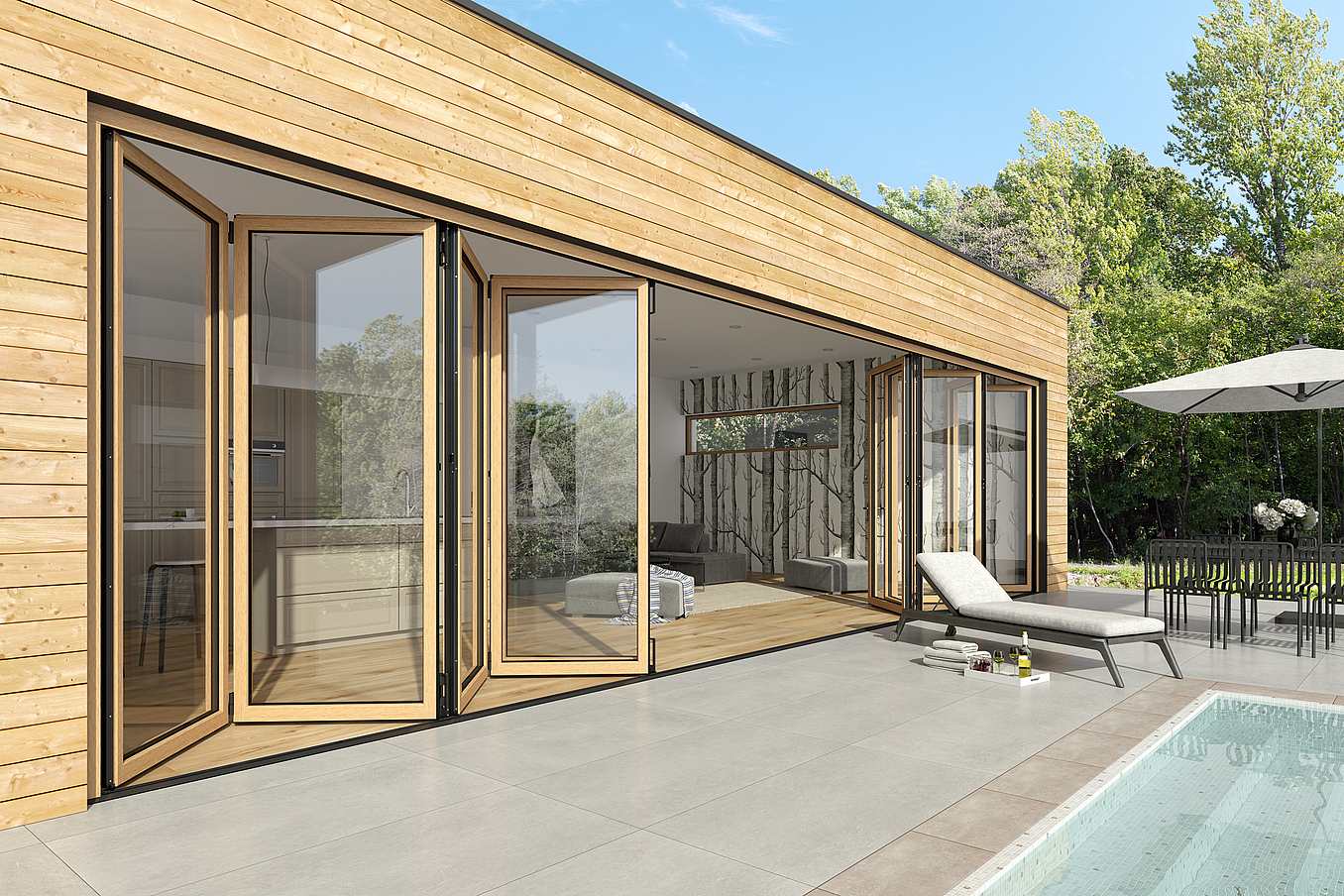 Mountain view pool house with wood framed folding glass walls - NW Wood 540