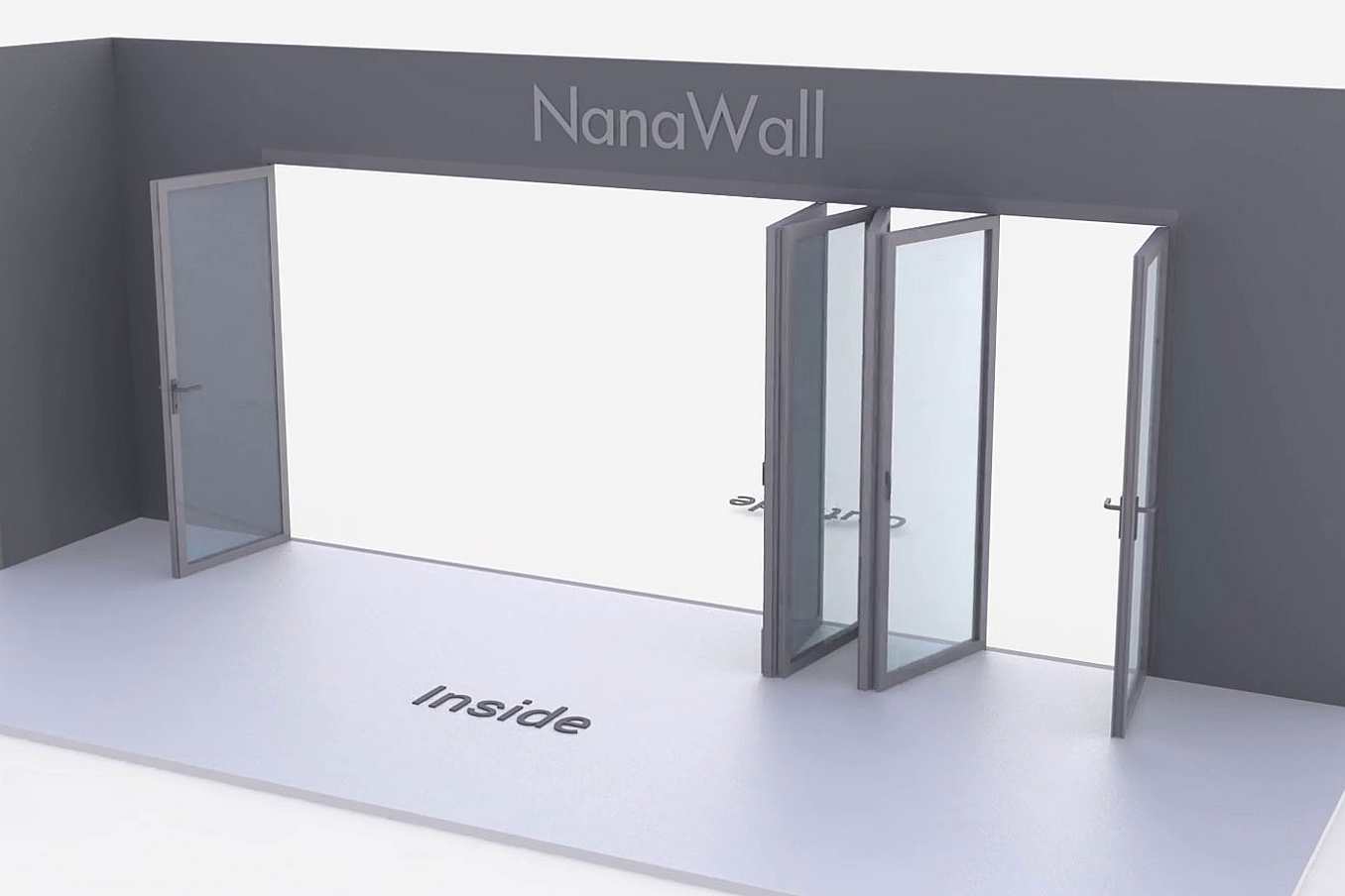 NanaWall Fourfold configuration: 6-panel folding glass door; 1 panel folds left, 4-panel set folds left/right, and 1 panel folds right (1L, 4LR, 1R)