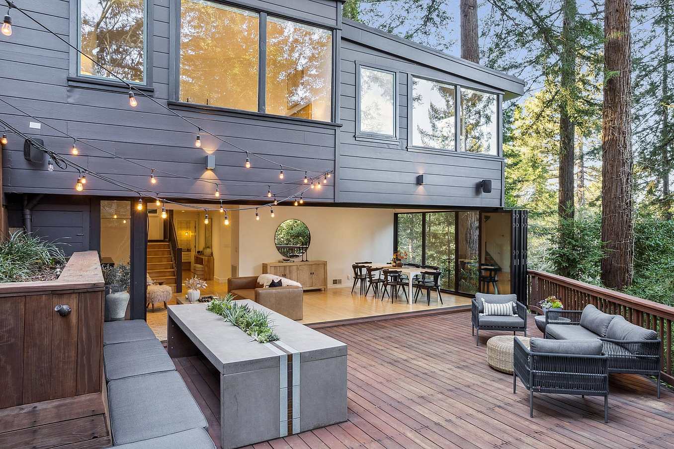 NanaWall SL45 bifold glass doors at a Campbell House residence in Kentfield, California, connecting the interior living space to an outdoor patio