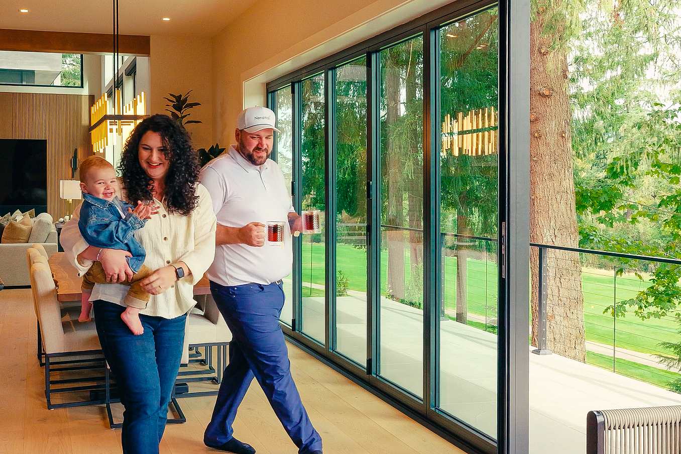 Builder Jerud Martin sharing a testimonial about indoor-outdoor living with an open NanaWall glass wall in a modern home