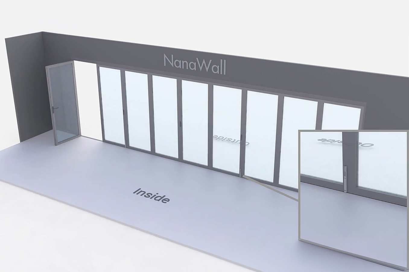 NanaWall Fourfold configuration: 9-panel folding glass door, inward opening; 1 panel folds left and two 4-panel sets fold left/right (i1L, 4LR, 4LR)