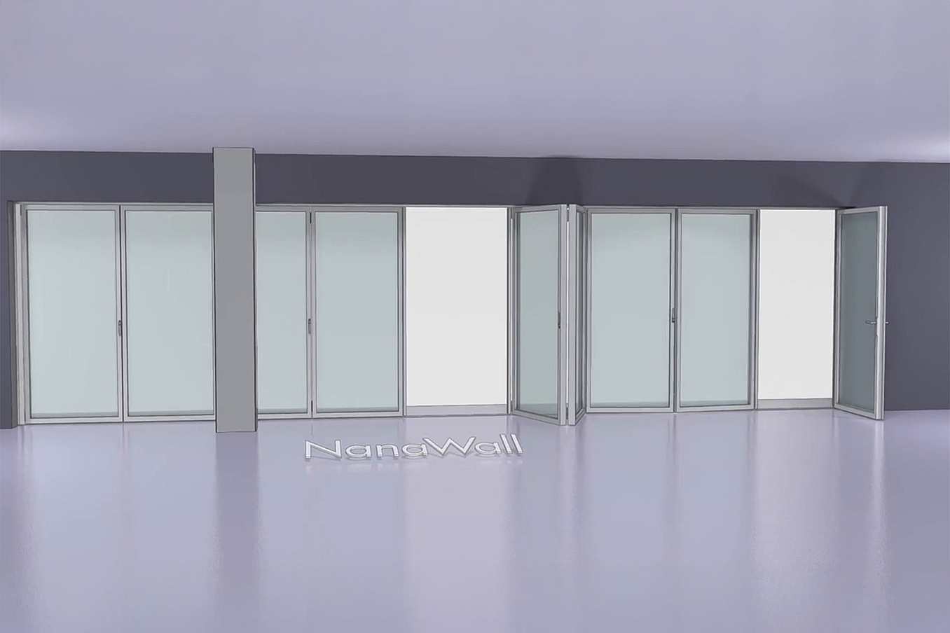 NanaWall Fourfold/Sixfold configuration: 9-panel folding glass door, inward opening; 4 panels fold left, 4-panel set folds left/right, and 1 panel folds right (i4L, 4LR, 1R)