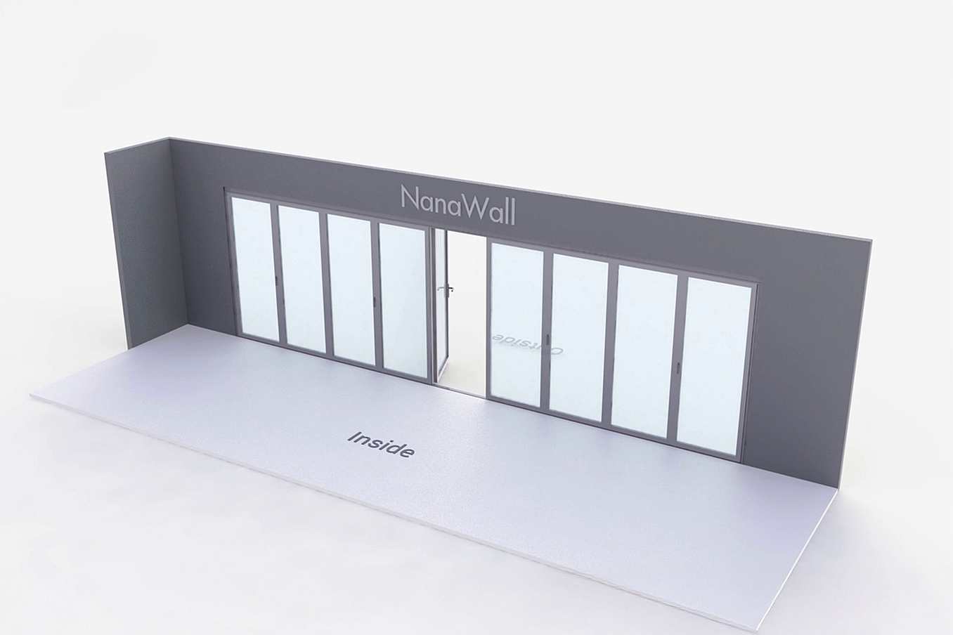 NanaWall nine-panel folding glass door, outward opening; 5 panels folding left, 4 panels folding right (o5L4R)