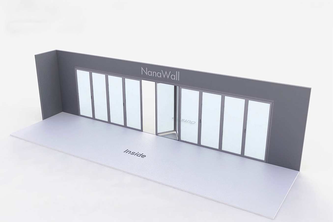 NanaWall standard configuration: 10-panel folding glass door, outward opening; 4 panels fold left and 6 panels fold right (o4L6R)
