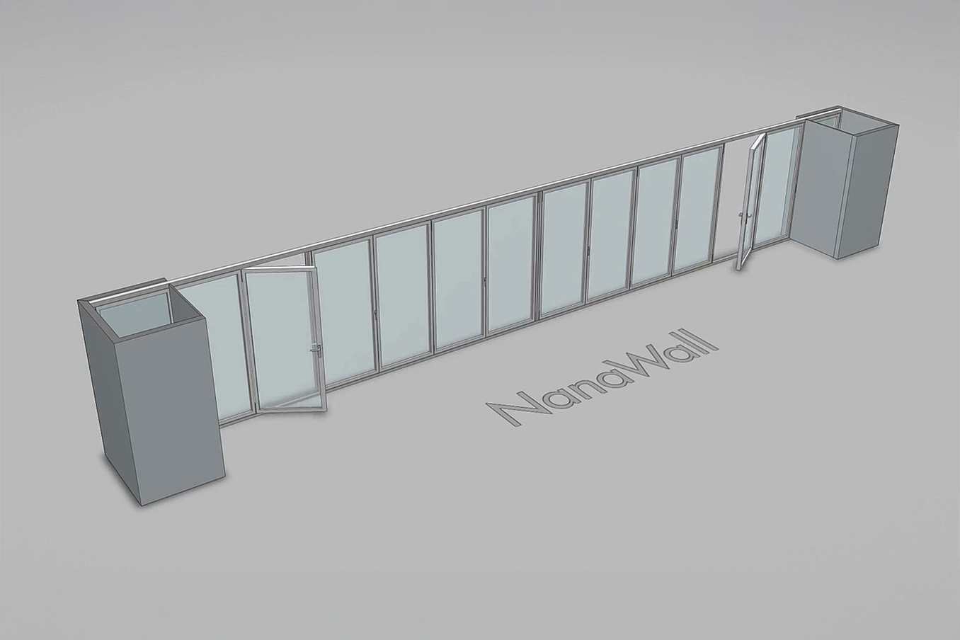 NanaWall pocketing configuration: 14-panel folding glass door, inward opening; 3 panels fold left, two 4-panel sets fold left/right, and 3 panels fold right (i3L, 4LR, 4LR, 3R)
