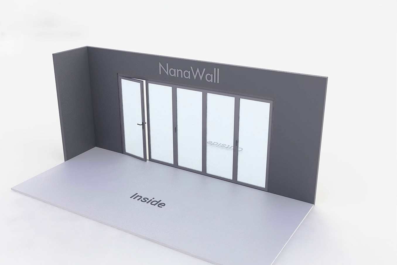 NanaWall five-panel folding glass door, inward opening; 1 panel folding left, 4 panels folding right (i1L4R)