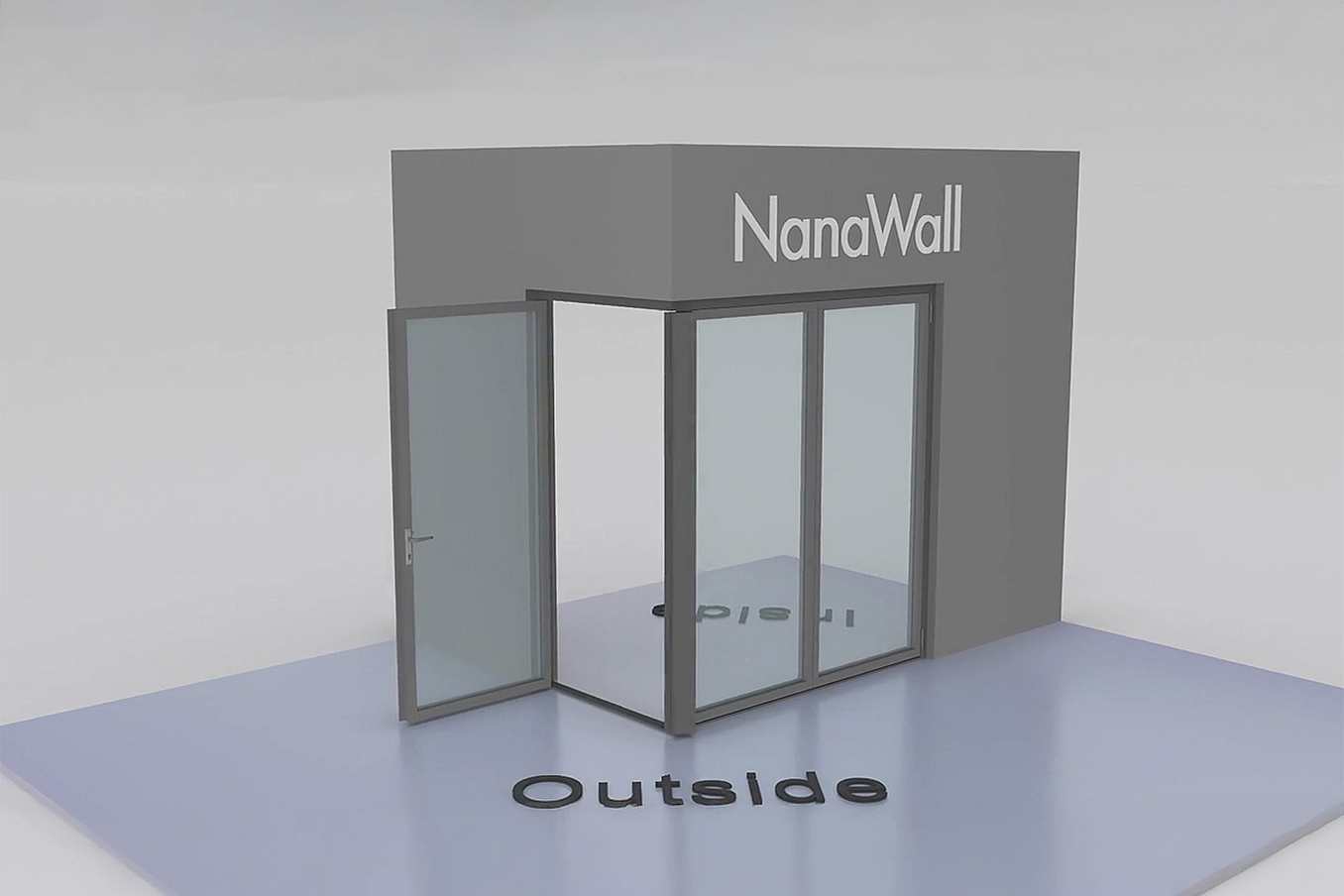 NanaWall open-corner configuration: 3-panel folding glass door, outward opening; 2 panels fold left and 1 panel folds right (o2L1R)