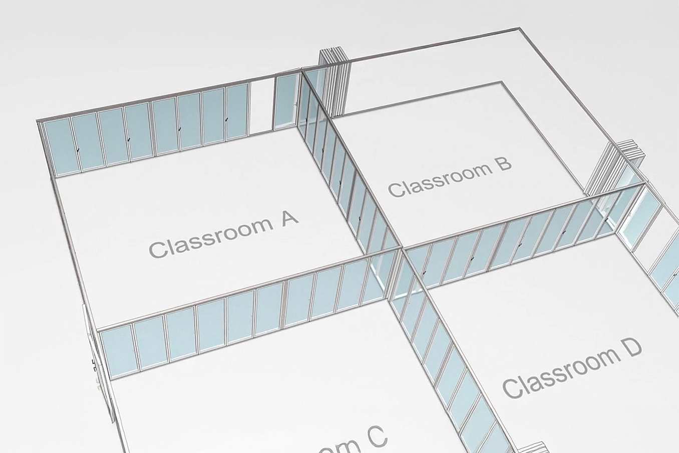 NanaWall T-intersection operable glass walls connecting classrooms at a 90° junction for flexible multi-room openings