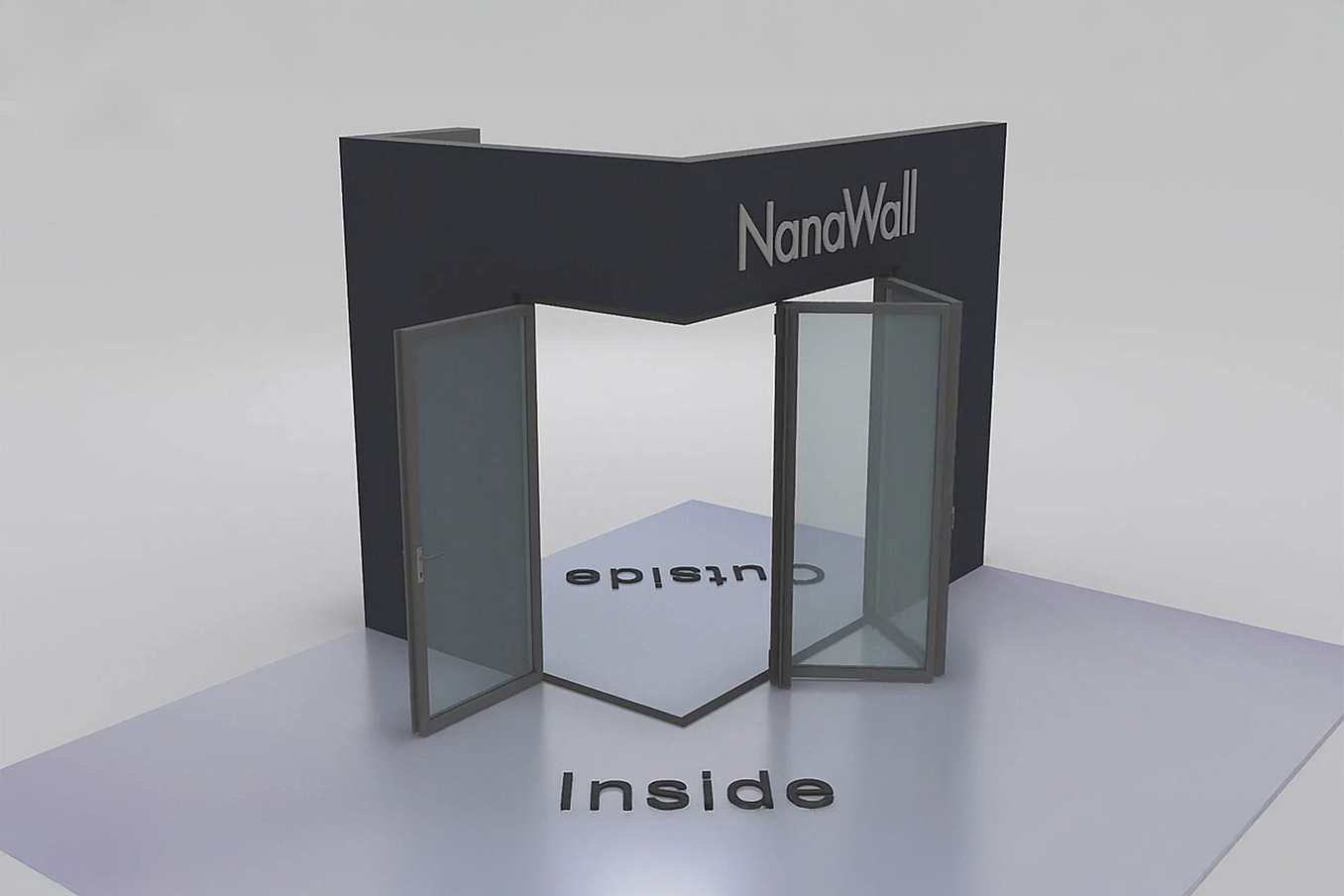 NanaWall open-corner configuration: 3-panel folding glass door, inward opening; 1 panel folds left and 2 panels fold right (i1L2R)