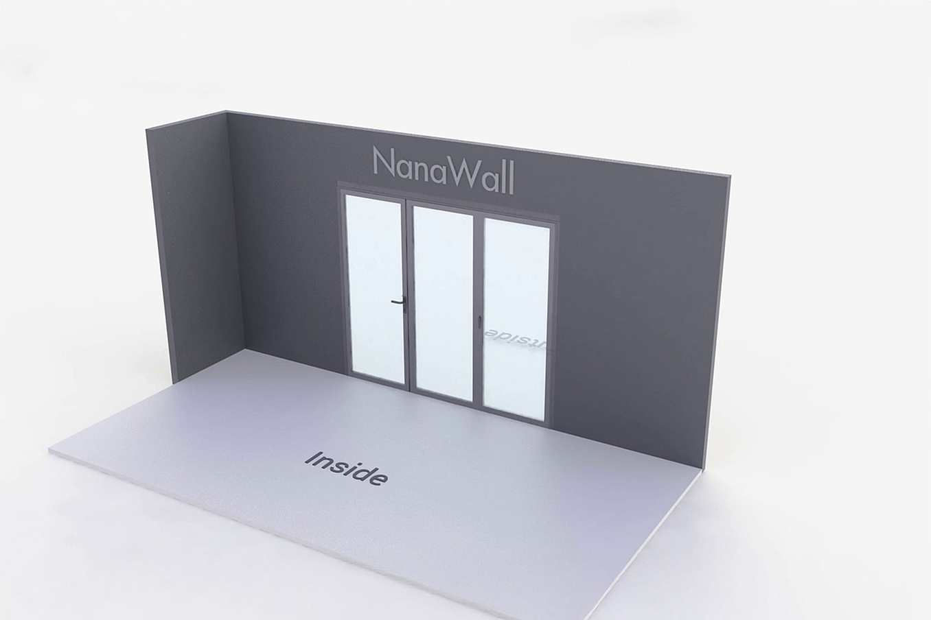 NanaWall standard configuration: 3-panel folding glass door, inward opening; 1 panel folds left and 2 panels fold right (i1L2R)