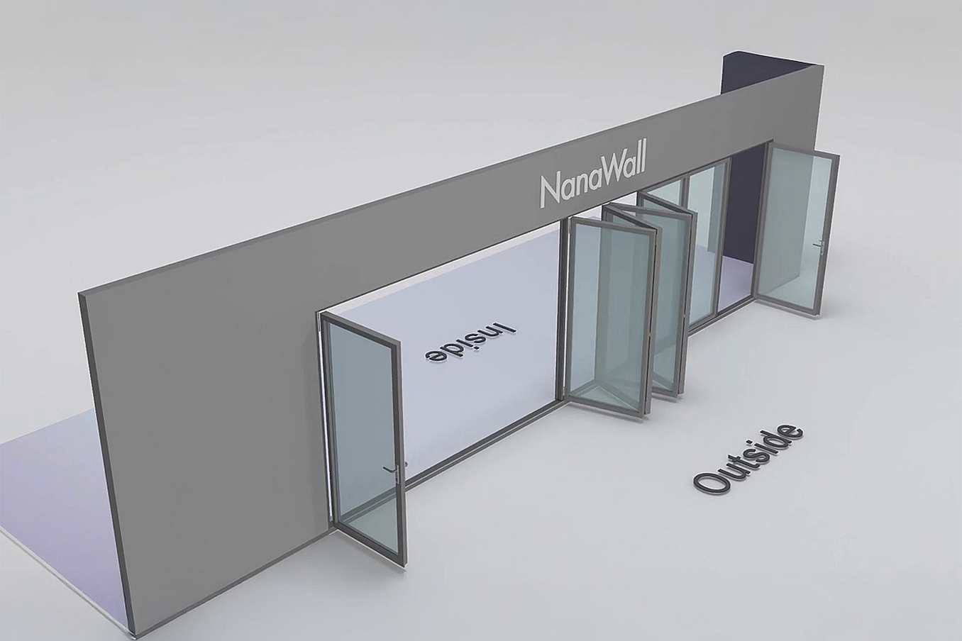 NanaWall Fourfold/Sixfold configuration: 8-panel folding glass door, outward opening; 1 panel folds left, a 6-panel set folds left/right, and 1 panel folds right (o1L6LR1R)