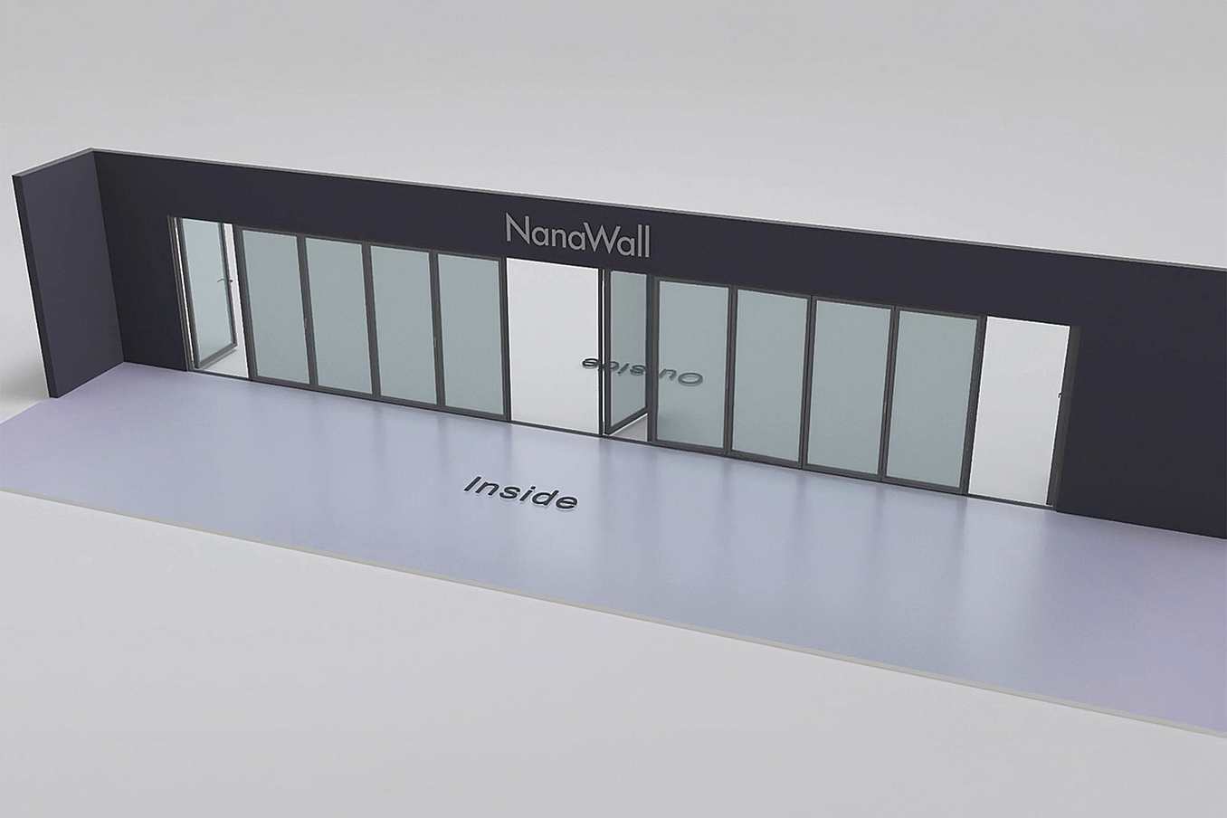 NanaWall Fourfold/Sixfold configuration: 12-panel folding glass door, outward opening; 1 panel folds left, two panel sets fold left/right (4LR and 6LR), and 1 panel folds right (o1L4LR6LR1R)