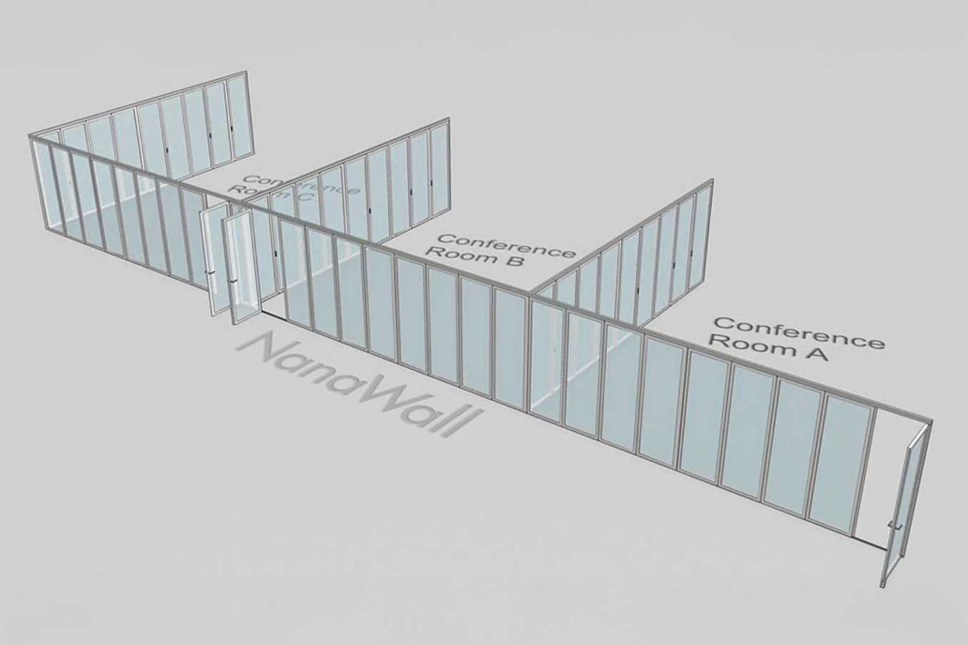 NanaWall T-intersection configuration: operable glass walls dividing conference rooms; panels open to connect Rooms A, B, and C