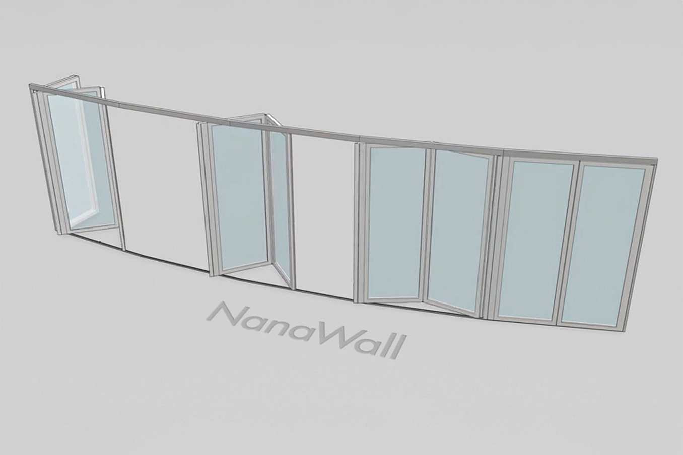 NanaWall segmented configuration: operable glass wall with angled panel segments, shown partially open along a curved layout