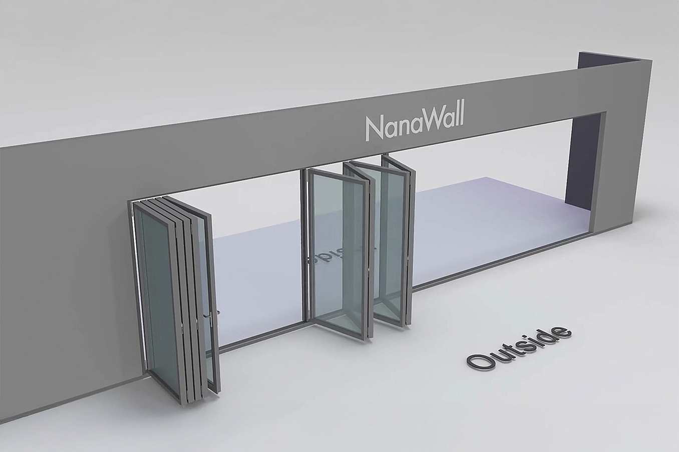 NanaWall Fourfold configuration: 9-panel folding glass door, outward opening; 4-panel set folds left/right and 5 panels fold right (o4LR, 5R)
