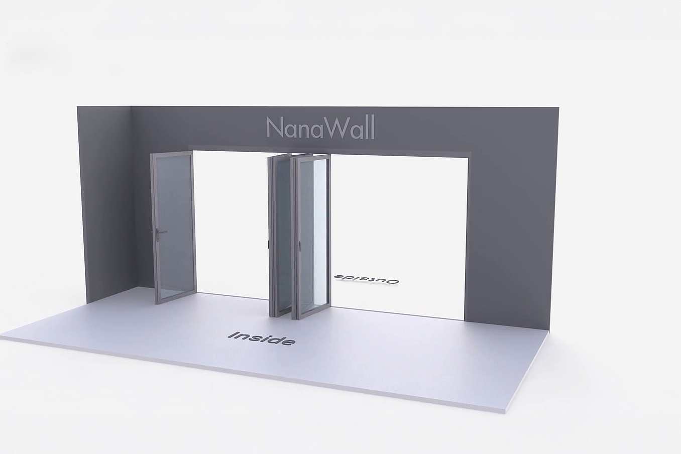 NanaWall Fourfold configuration: 5-panel folding glass door, inward opening; 1 panel folds left and 4-panel set folds left/right (i1L, 4LR)