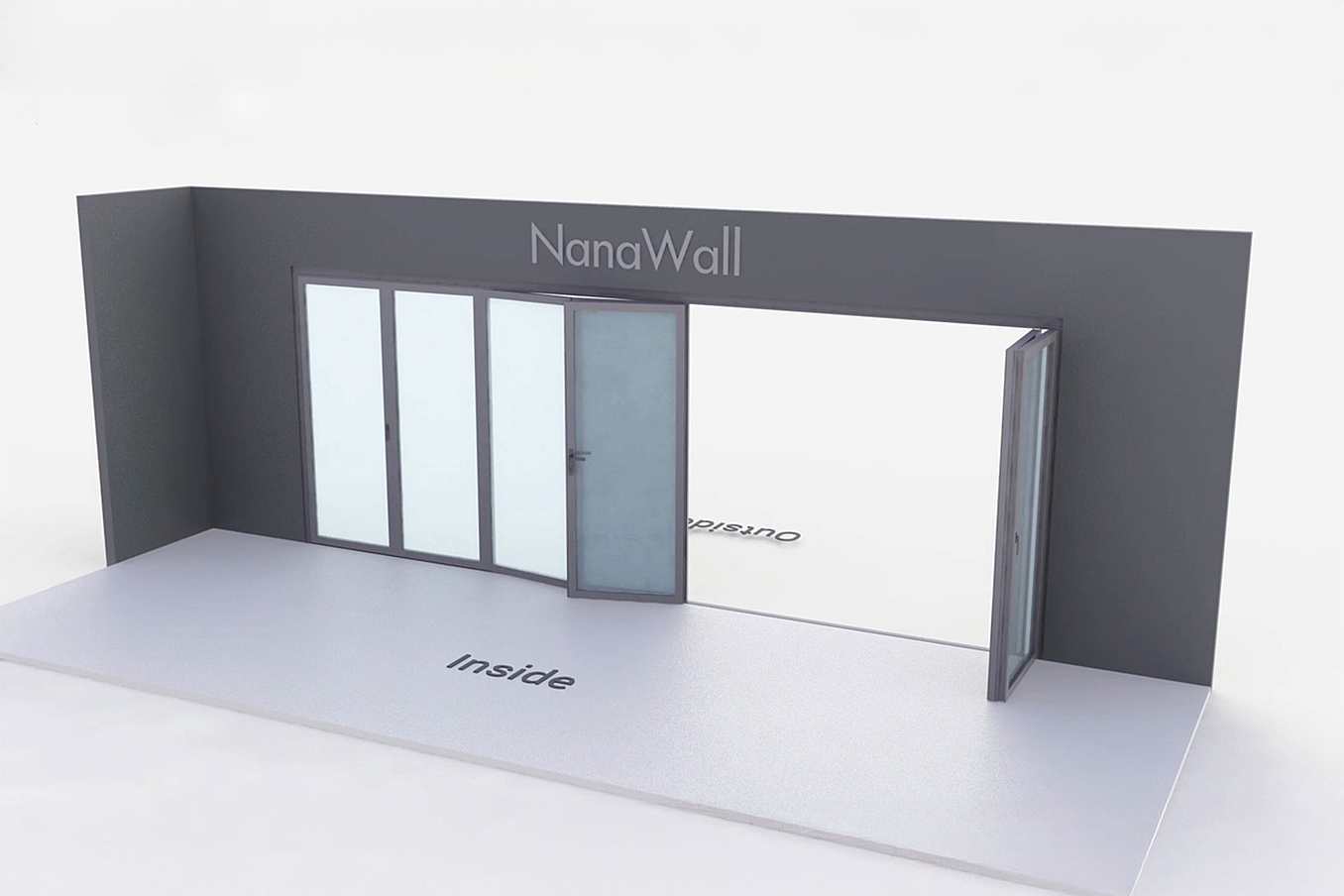 NanaWall standard configuration: 7-panel folding glass door, inward opening; 5 panels fold left and 2 panels fold right (i5L2R)