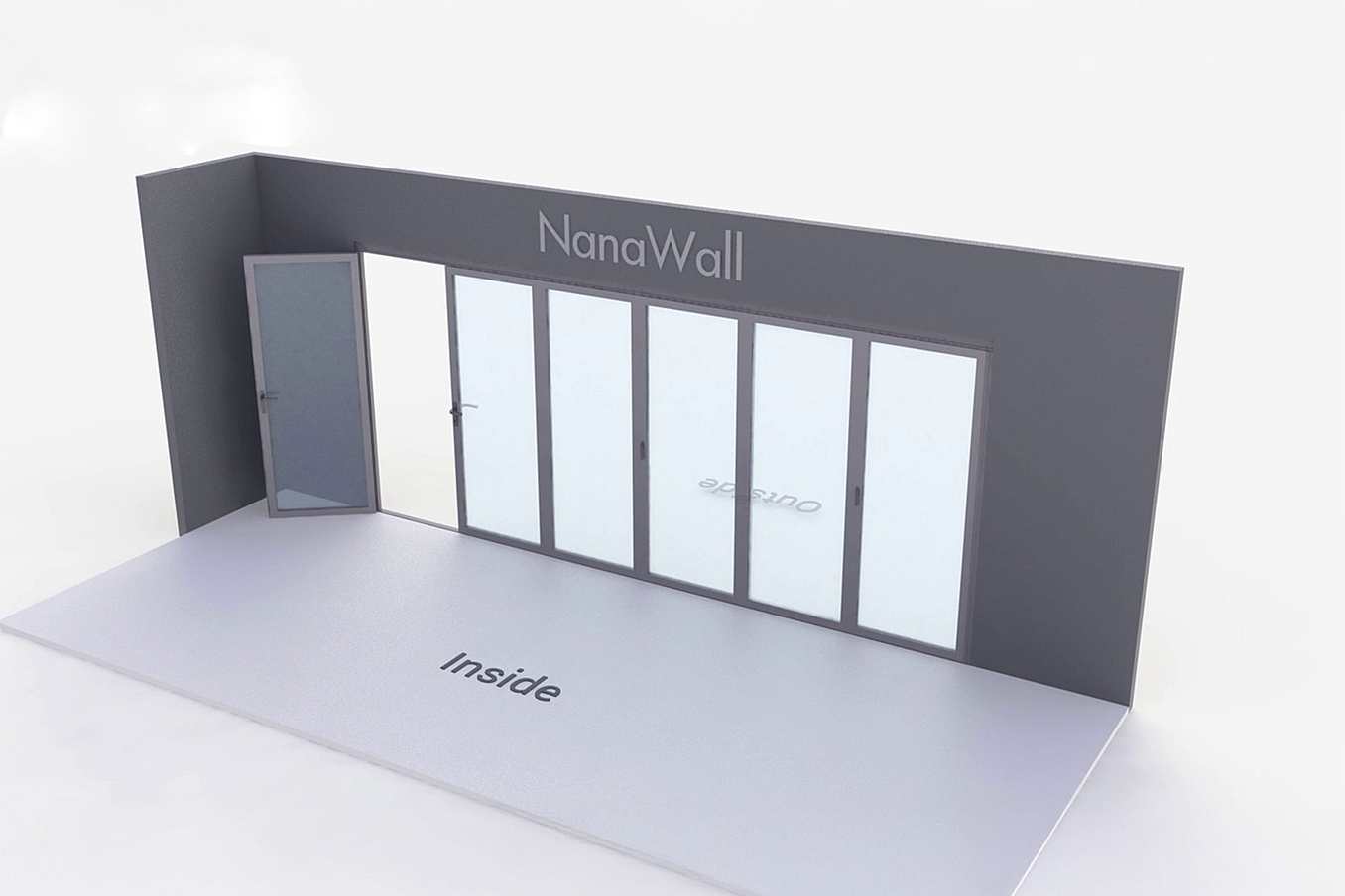 NanaWall standard configuration: 6-panel folding glass door, inward opening; 1 panel folds left and 5 panels fold right (i1L5R)