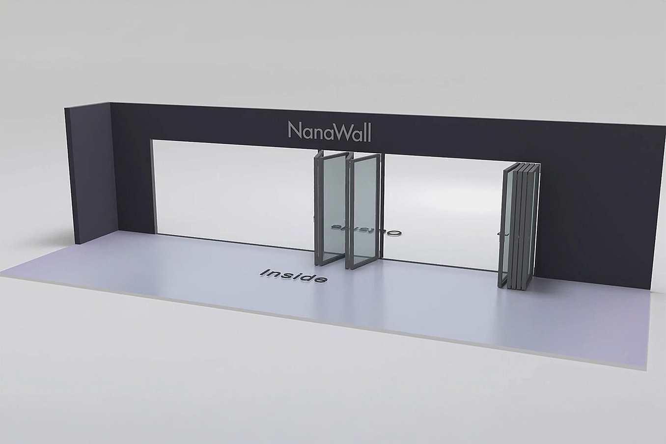 NanaWall Fourfold configuration: 9-panel folding glass door, inward opening; 4-panel set folds left/right and 5 panels fold right (i4LR, 5R)