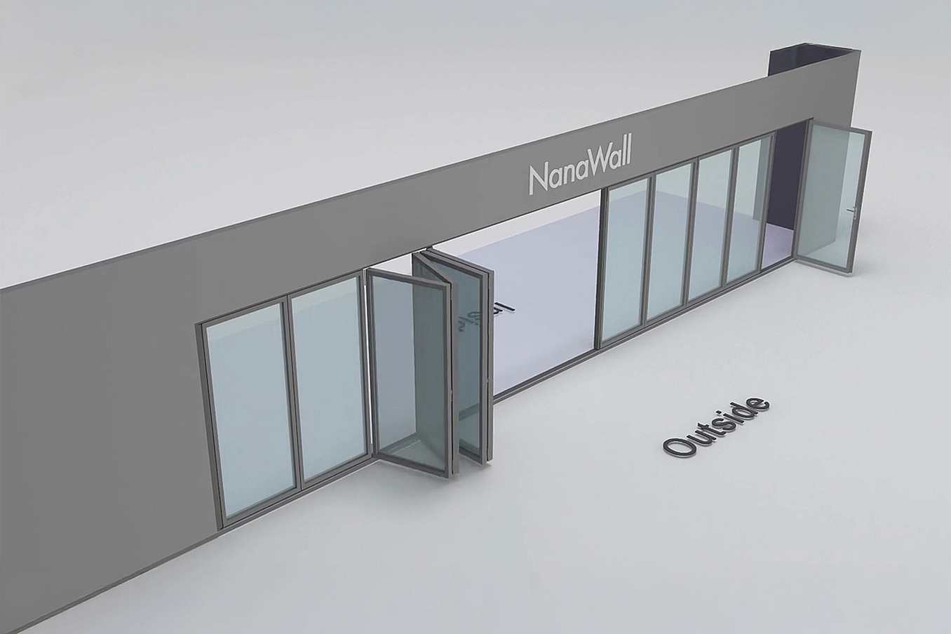 NanaWall Fourfold/Sixfold configuration: 11-panel folding glass door, outward opening; 1 panel folds left, 4-panel set folds left/right, and 6-panel set folds left/right (o1L, 4LR, 6LR)