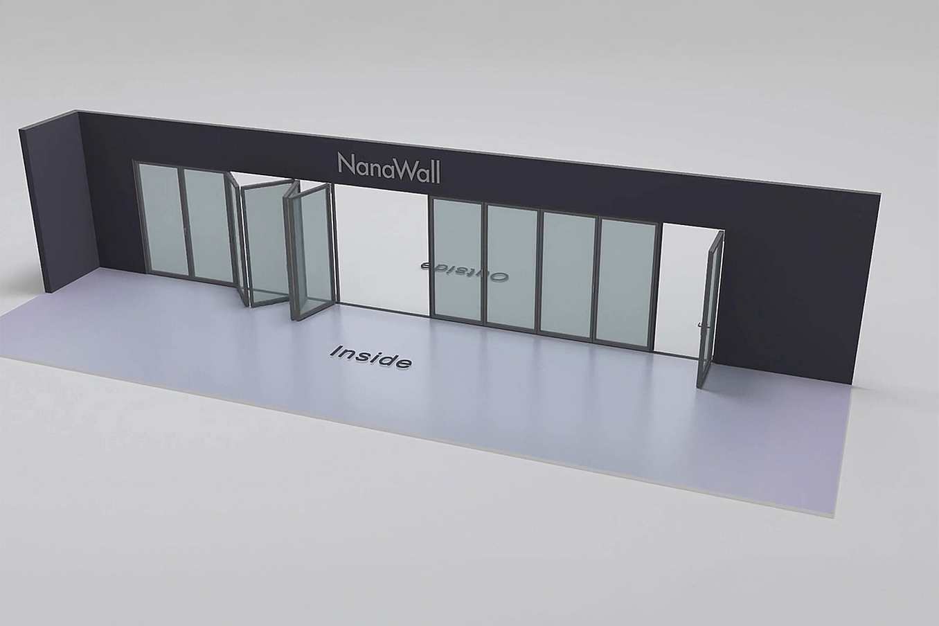 NanaWall Fourfold/Sixfold configuration: 11-panel folding glass door, inward opening; 6-panel set folds left/right, 4-panel set folds left/right, and 1 panel folds right (i6LR, 4LR, 1R)