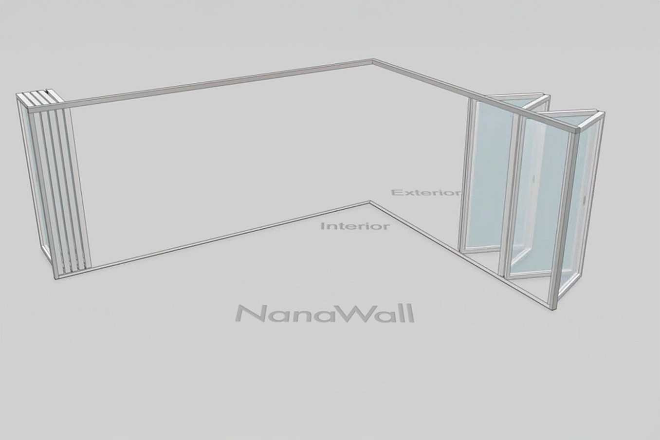 NanaWall open-corner configuration: 9-panel folding glass door, outward opening; 5 panels fold left and 4 panels fold right (o5L4R)