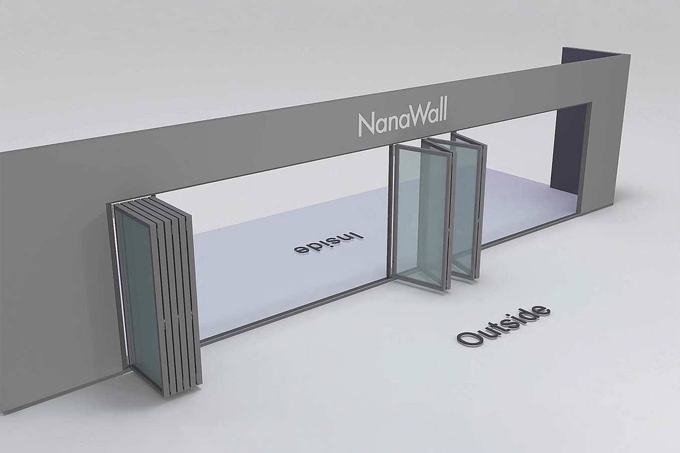 NanaWall Fourfold/Sixfold configuration: 10-panel folding glass door, outward opening; 4-panel set folds left/right and 6-panel set folds left/right (o4LR, 6LR)