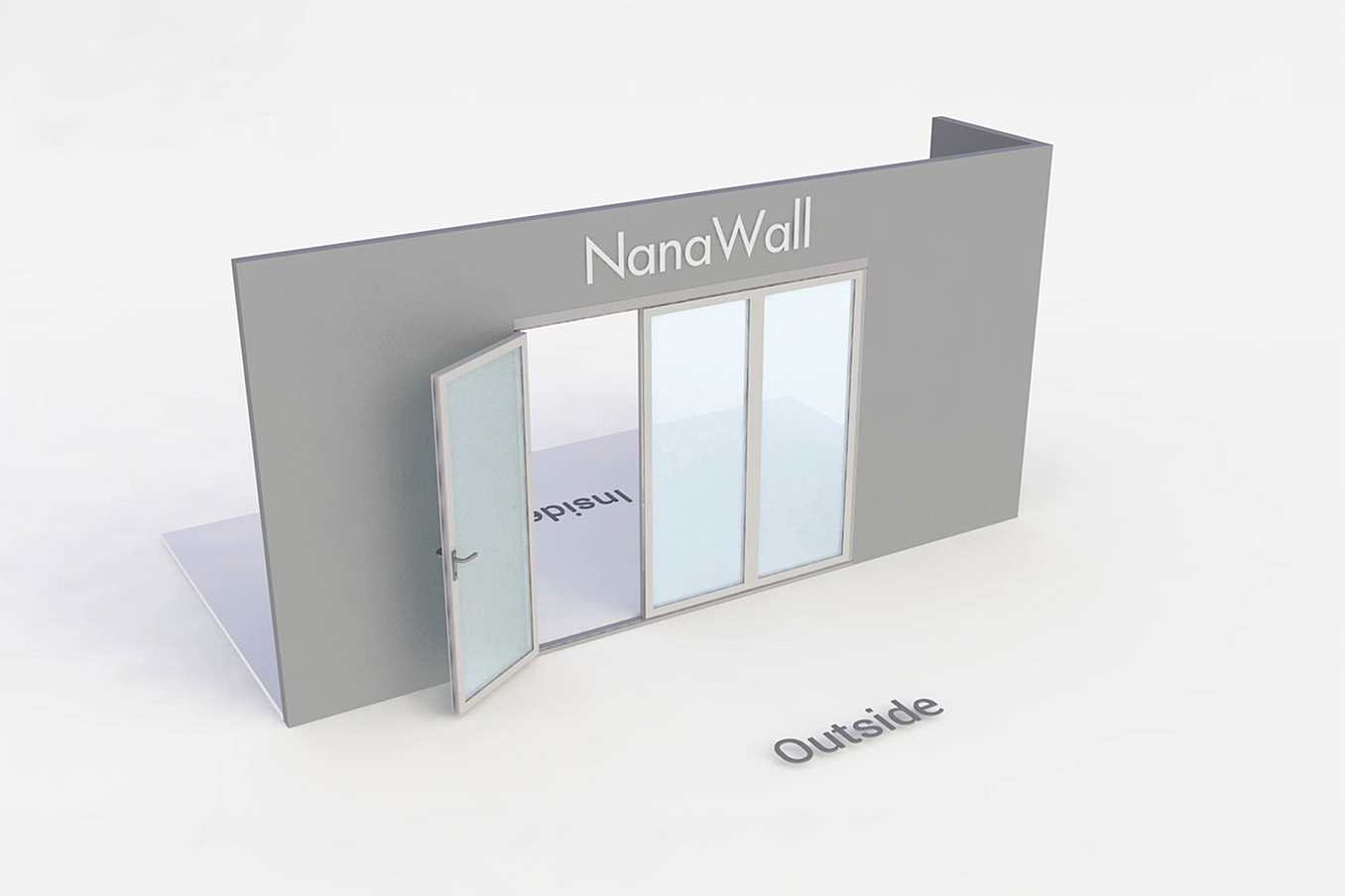 NanaWall standard configuration: 3-panel folding glass door, outward opening; 2 panels fold left and 1 panel folds right (o2L1R)