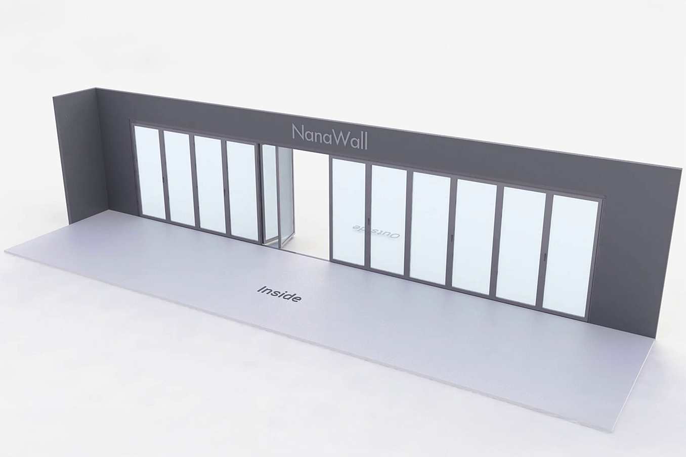 NanaWall standard configuration: 12-panel folding glass door, outward opening; 6 panels fold left and 6 panels fold right (o6L6R)