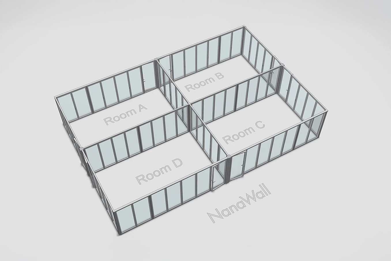NanaWall T-intersection configuration: operable glass walls form a T-shaped 90° junction to connect Rooms A–D for flexible space layouts