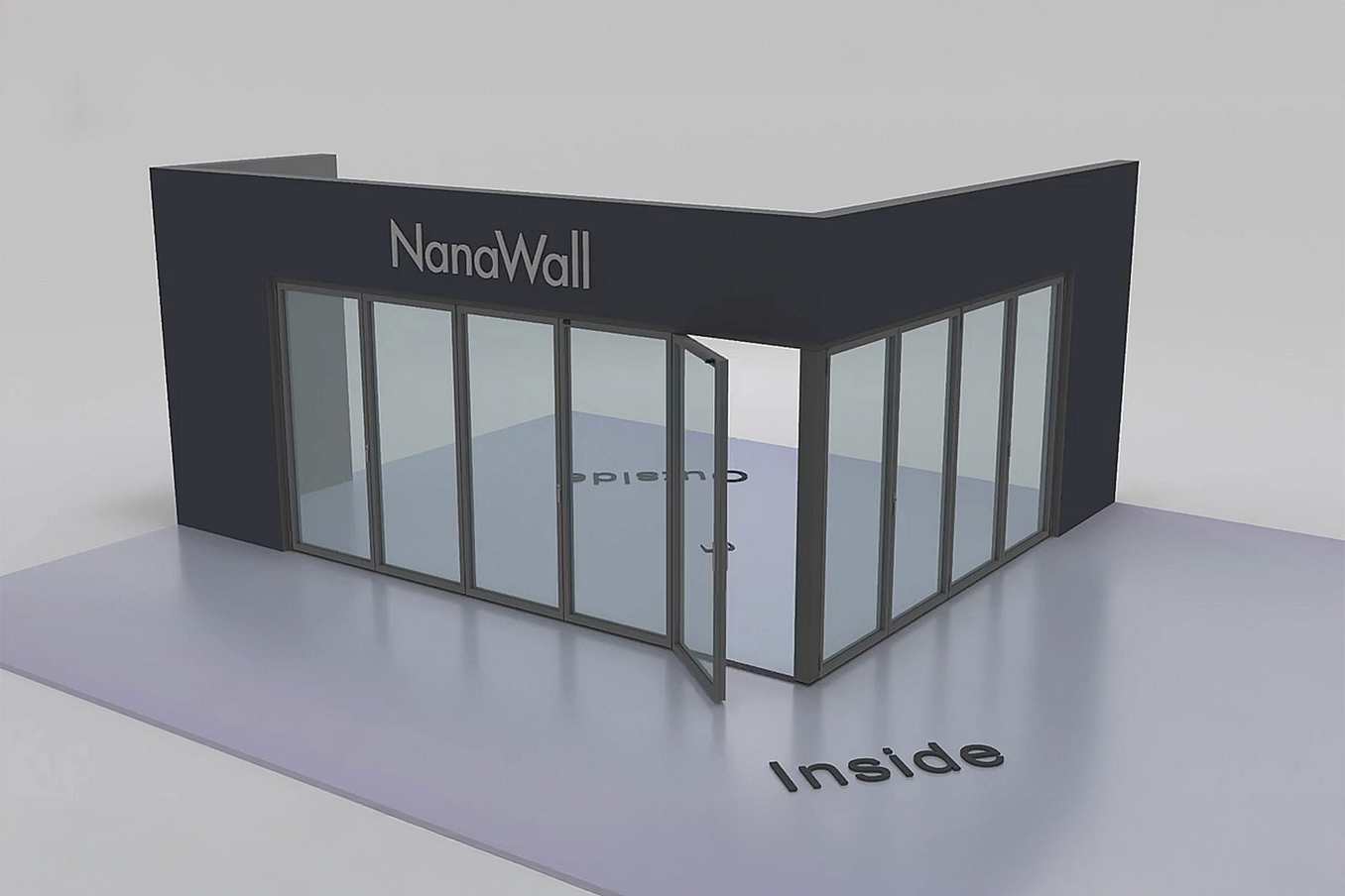 NanaWall open-corner configuration: 9-panel folding glass door, inward opening; 5 panels fold left and 4 panels fold right (i5L4R)
