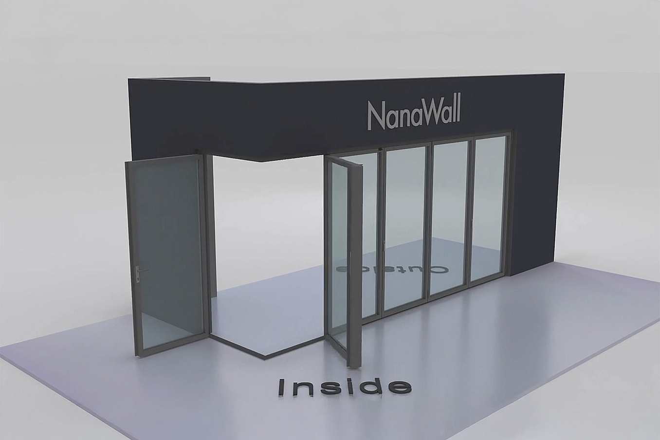 NanaWall open-corner configuration 1L 5R: panels meet at a 90° corner with one panel stacking left and five panels stacking right