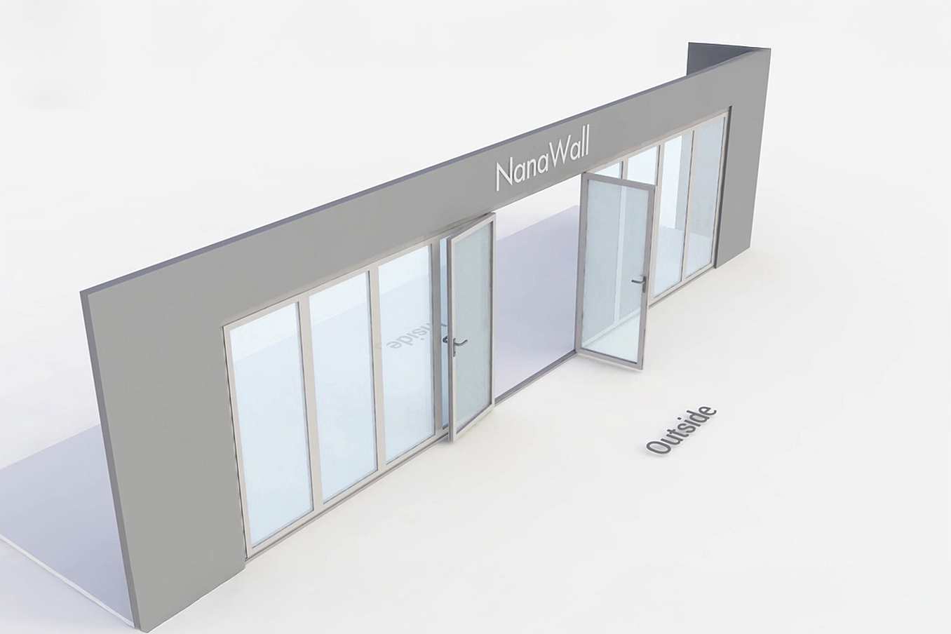 NanaWall standard configuration: 10-panel folding glass door, outward opening; 5 panels fold left and 5 panels fold right (o5L5R)