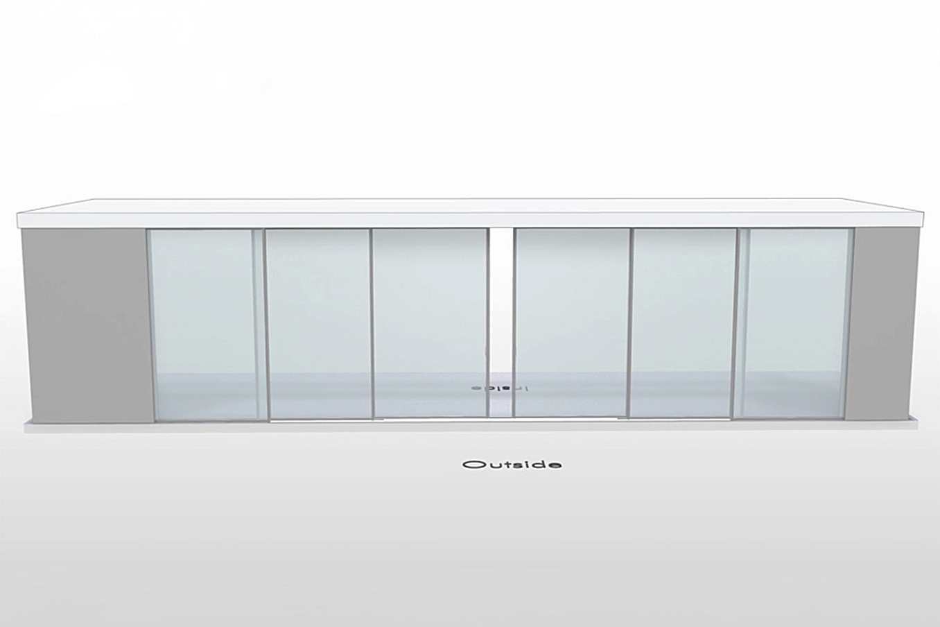 NanaWall CERO non-pocketing configuration: 6-panel sliding glass wall with four center panels sliding open and fixed panels on both sides (OXXXXO)