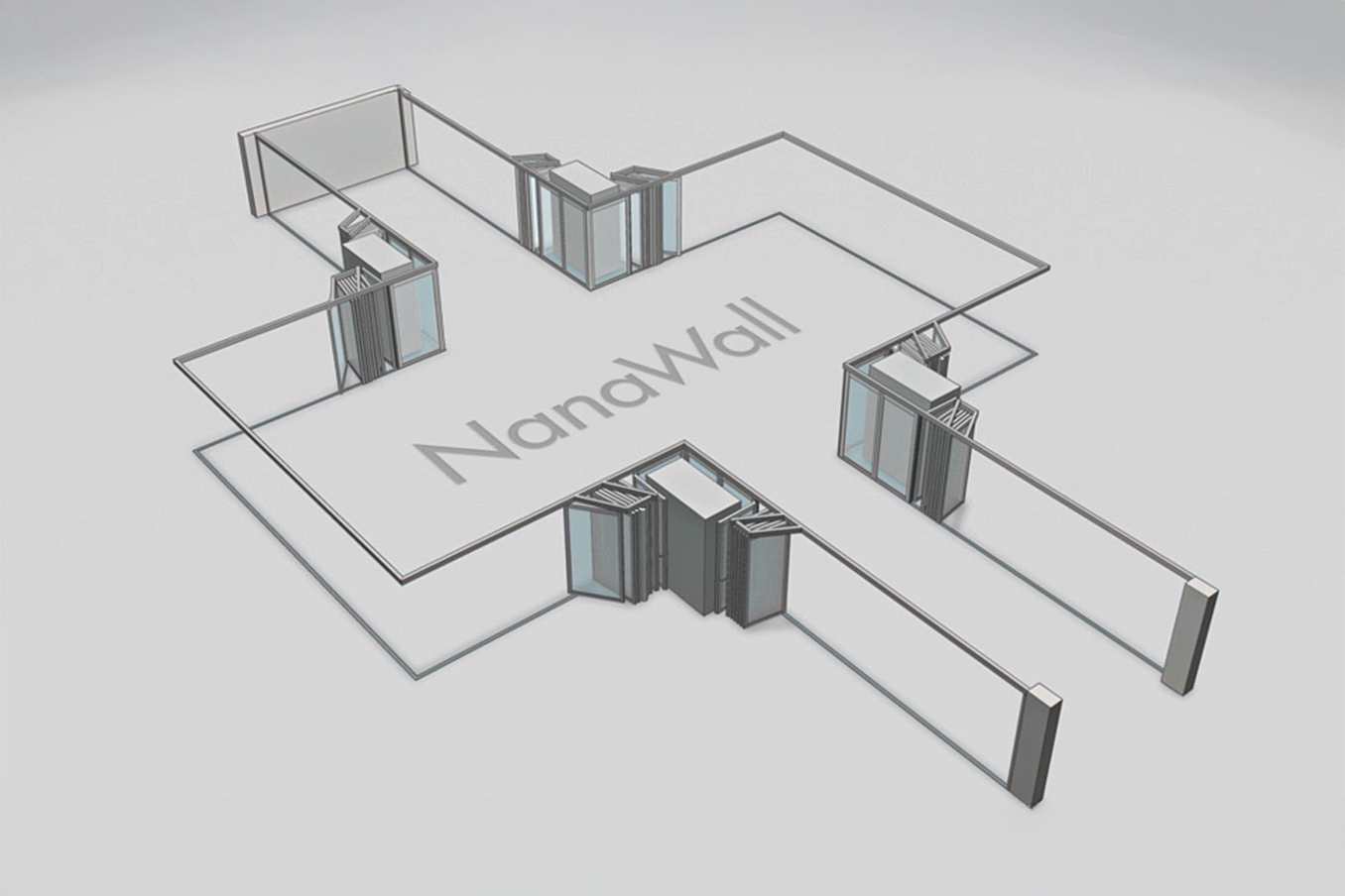 NanaWall open-corner configuration with parking bays: panels meet at 90° corners and stack into side bays