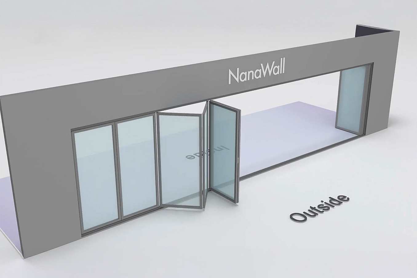 NanaWall inward/outward combination configuration: 10-panel folding glass door; 4 panels fold left (inward) and 6 panels fold right (outward) (i4Lo6R)