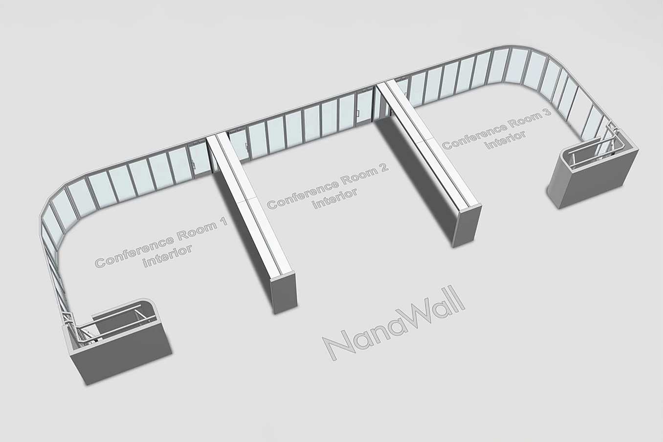 NanaWall HSW60 RemoteSTACK® configuration: glass wall panels slide on a single track and park in remote bays away from the openings, maintaining unobstructed access between conference rooms
