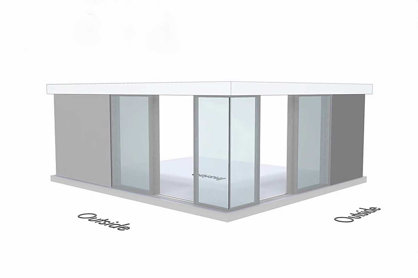 NanaWall Cero 90° corner configuration: sliding glass wall with fixed corner panels and center-opening panels on both sides (OXO-90-OXO)
