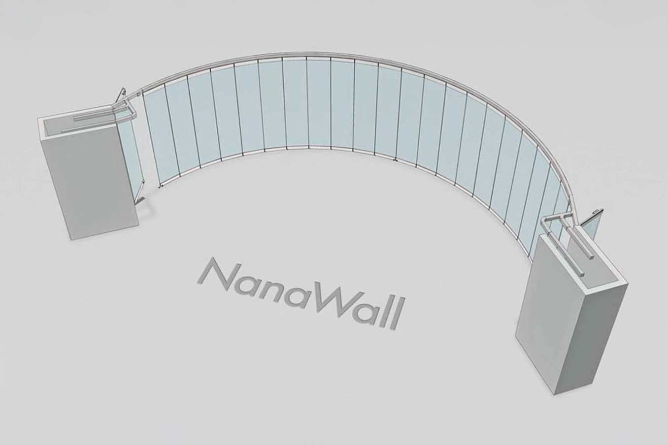 NanaWall segmented configuration: glass wall panels follow a curved radius, maintaining a continuous layout