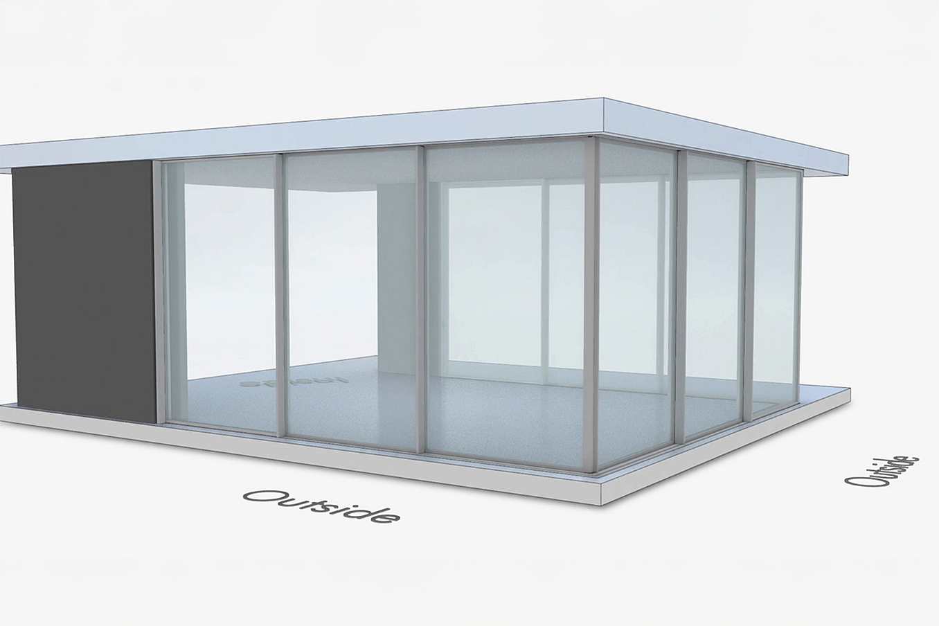 NanaWall pocketing configuration:  CERO II U-shape sliding glass wall with panels stacking at 90° corners and pocketing into the wall (XXO-90, OXX-90, XXP)